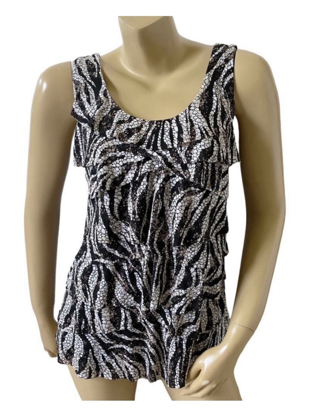 Style & Co Tank Top Womens S Black White Animal Print Tiered Ruffle Sleeveless